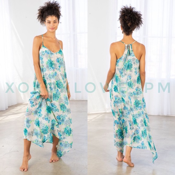 Blue & Green Vibrant Floral Print Maxi Dress Spaghetti Straps Uneven Hem - Picture 6 of 14